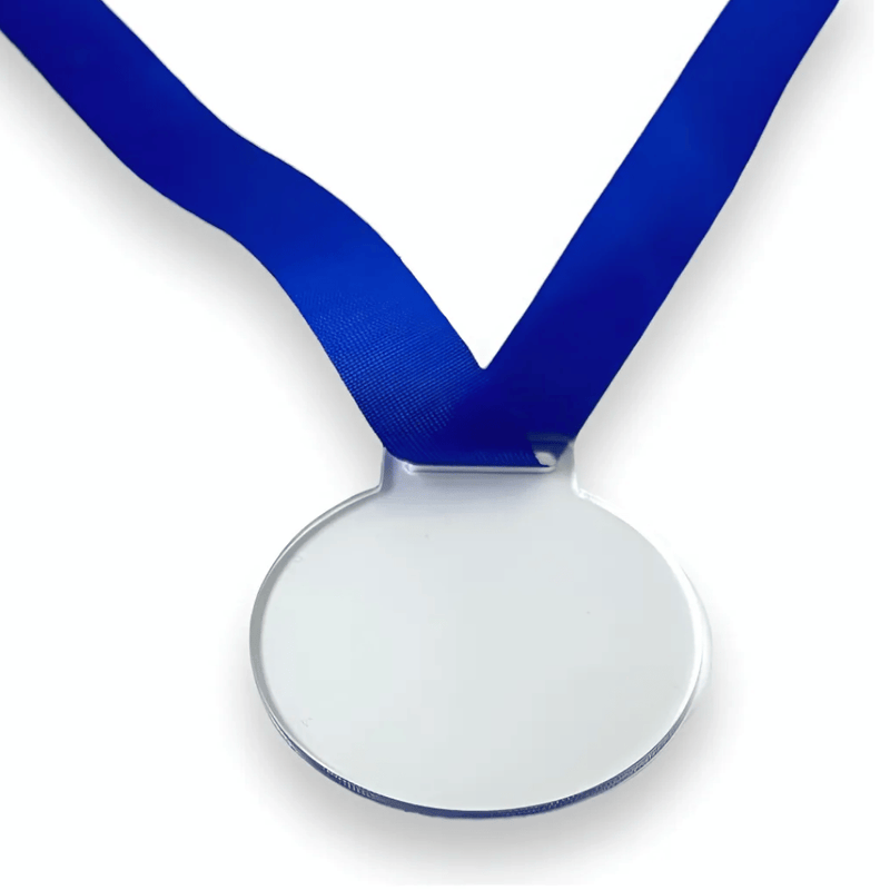 Kit 50 Unidades Medalha Personalizável Acrílico Cristal 5cm c/ Fita Azul