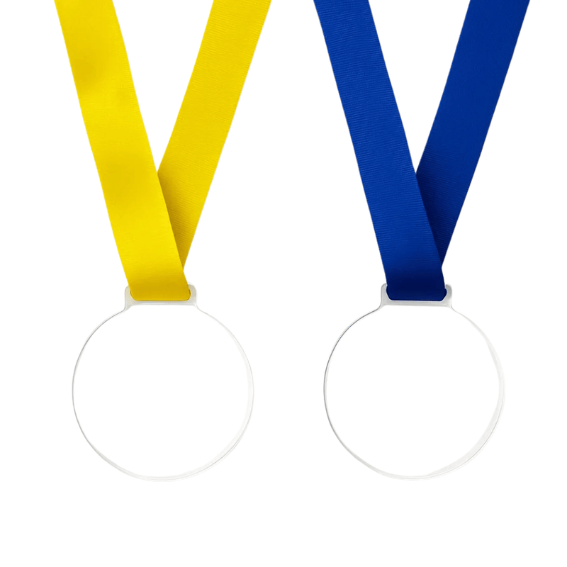 Kit Com 100 Medalhas Acrílico 5cm Cristal 2mm Fita Azul E Amarela