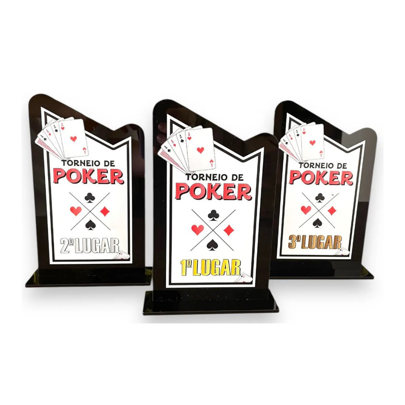Kit 3 Troféu Poker Acrílico Preto 10x18cm 1º, 2º E 3º Lugar