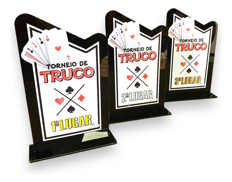 Kit 3 Troféu Truco Acrílico Preto 10x18cm 1º, 2º E 3º Lugar