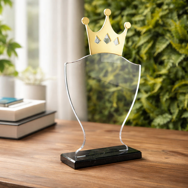 Troféu Campeão Coroa Premium Transparente E Dourado 15x28